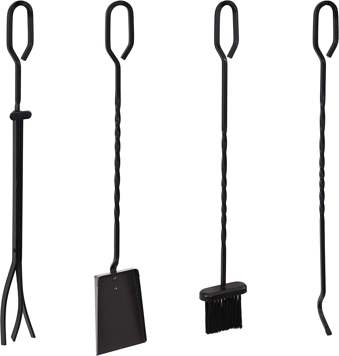 Sunnydaze 4-Piece Fireplace Tool Set with Stand - Heavy-Duty Black Steel Poker. Shovel. Log Grabber and Broom - Image 5