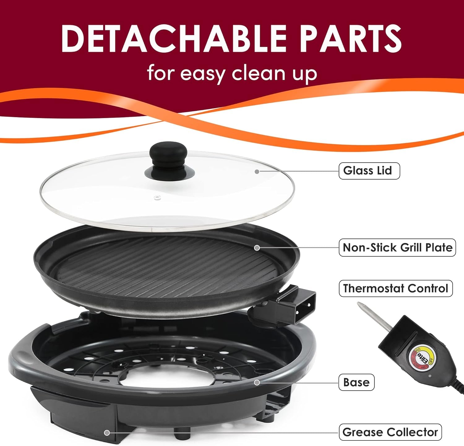 Elite Gourmet EMG-980B Smokeless Electric Tabletop Grill Nonstick. 6-Serving. Dishwasher Safe Removable Grilling Plate. Grill Indoor. Tempered Glass Lid. Adjustable Temperature. 14 Black - Image 3