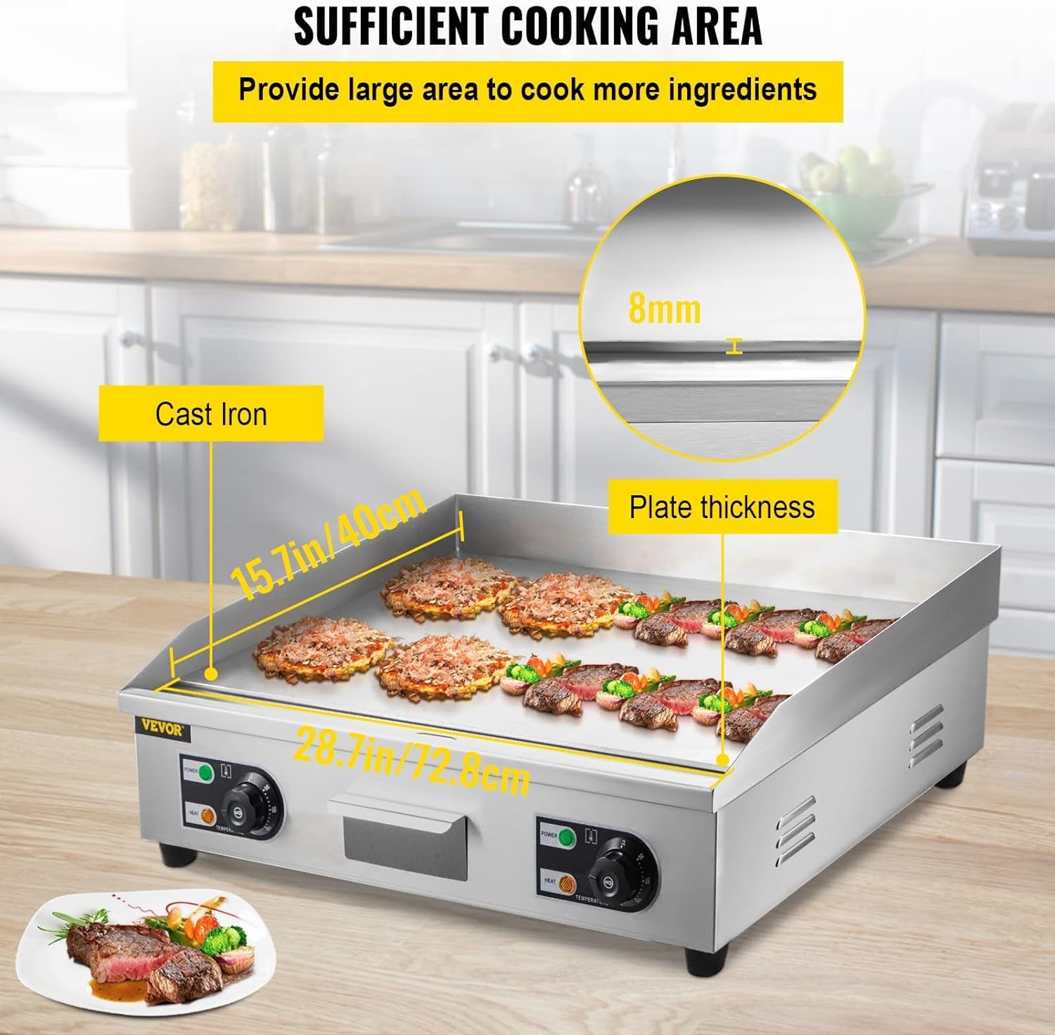 30 Commercial Electric Griddle 3000W Electric Countertop Griddle Non-Stick Restaurant 110V Teppanyaki Flat Top Grill Stainless Steel Adjustable Temperature Control 122°F-572°F (NO PLUG) - Image 3