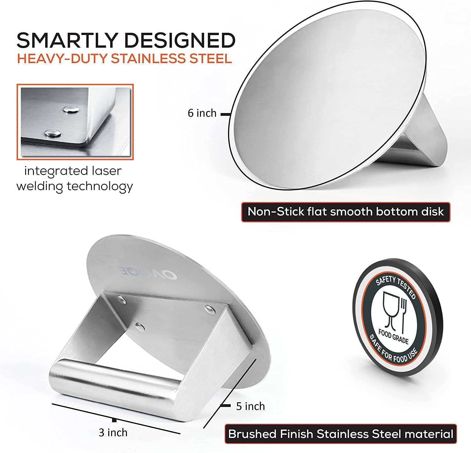 OVOQE 6.2 Inch Heavy Duty Stainless Steel Smash Burger Press. round Stainless Steel Professional Burger Smasher/Hamburger Patty Maker. Griddle Accessories Kit for Flat Top Grill. Rust-Free Easy Clean. - Image 2