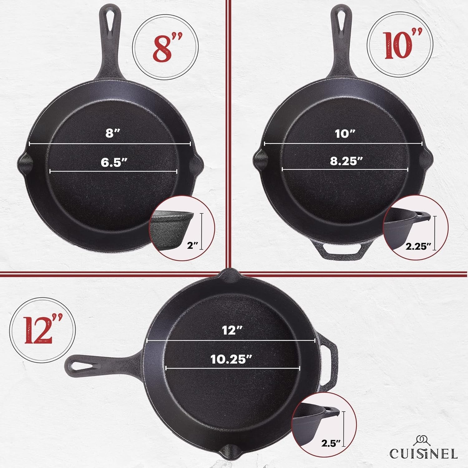 Cuisinel Cast Iron Skillets Set with Lids - 8+10+12-Inch Pre-Seasoned Covered Frying Pan Set + Silicone Handle and Lid Holders + Scraper/Cleaner - Use Cookware Indoor/Outdoor. Oven. Stovetop. Fire - Image 2