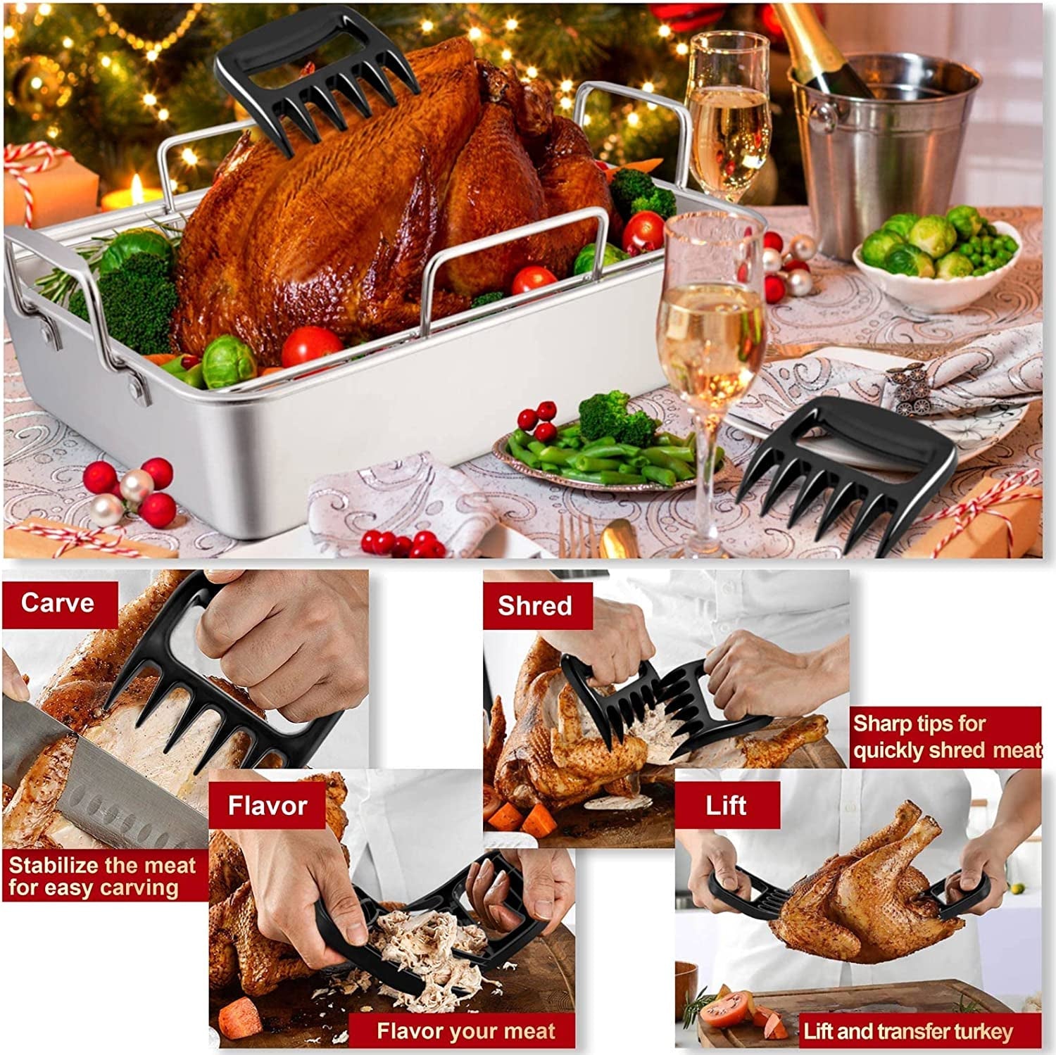 Teamfar Roasting Pan. 14 in Stainless Steel Turkey Roaster Pan with Cooling Rack & V Rack. Beer Can Chicken Holder/Meat Claws/Brush. Healthy & Dishwasher Safe. Set of 7 - Image 4