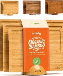 SMIRLY Bamboo Cutting Board Set with Holder – Wooden Charcuterie & Chopping Boards for Kitchen Prep & Serving