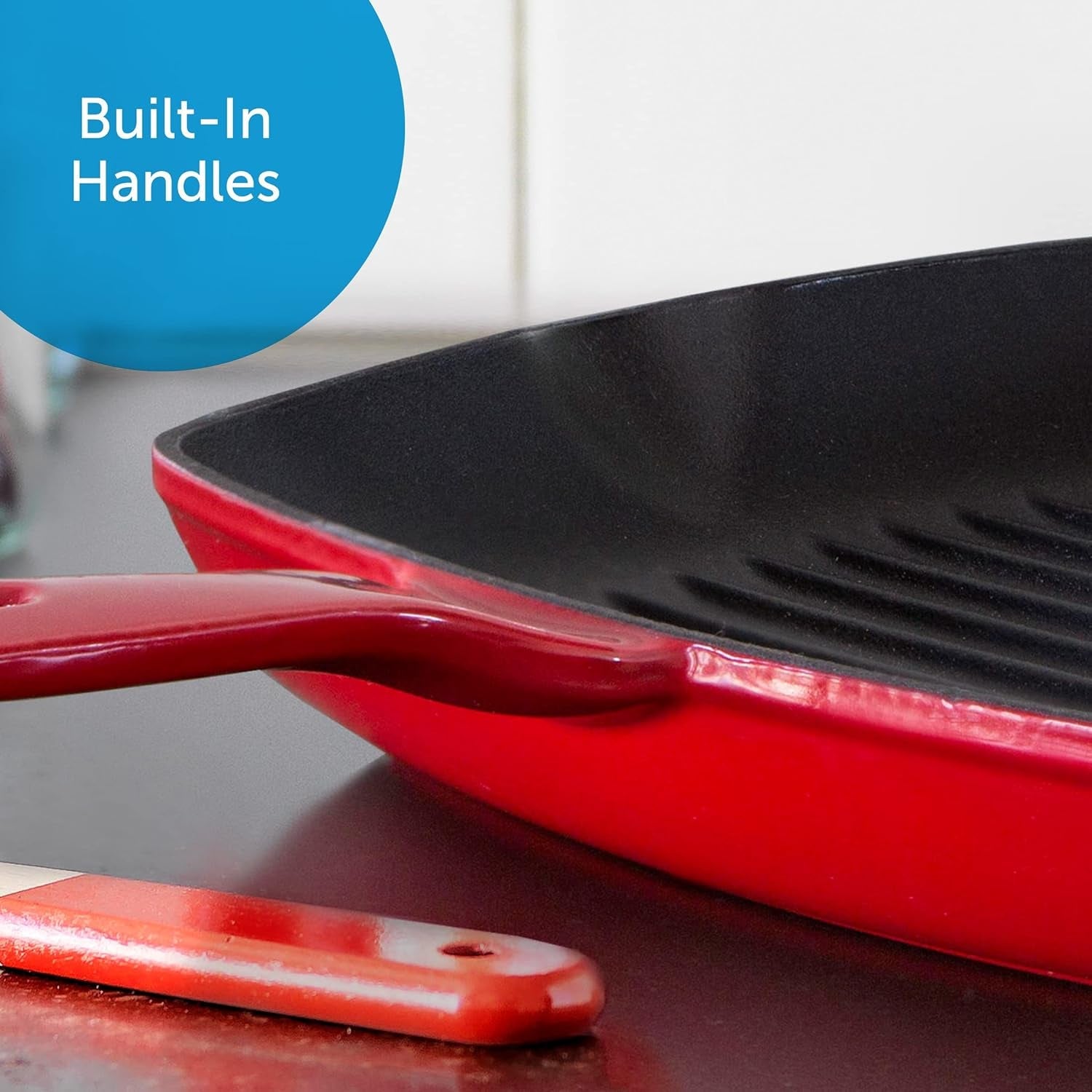 Bourgogne Enameled Cast Iron Induction Nonstick Grill Pan. PFAS Free. Dishwasher Safe. Chili Red - Image 4
