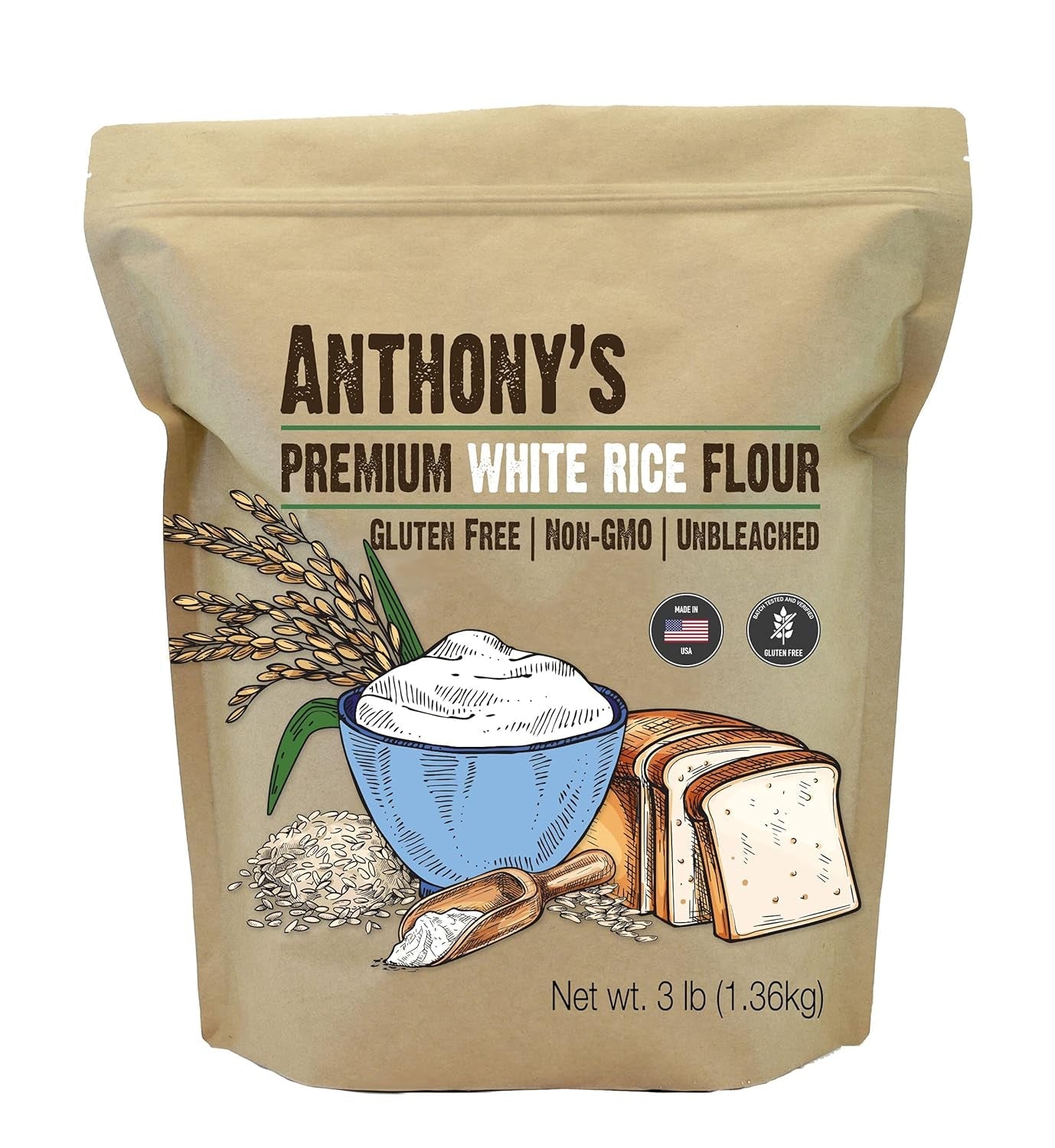 Anthony'S Premium White Rice Flour. 3 Lb. Gluten Free. Non GMO
