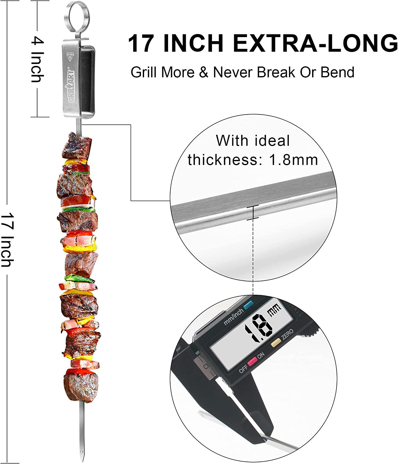 GRILLART Kabob Skewers for Grilling - Metal Skewers for Kabobs with Slider - Flat BBQ Skewers Stainless Steel - 17 Shish Kabob Grill Skewers & Ideal Kabob Sticks for Meat Shrimp Chicken Veggie(10Pcs) - Image 3