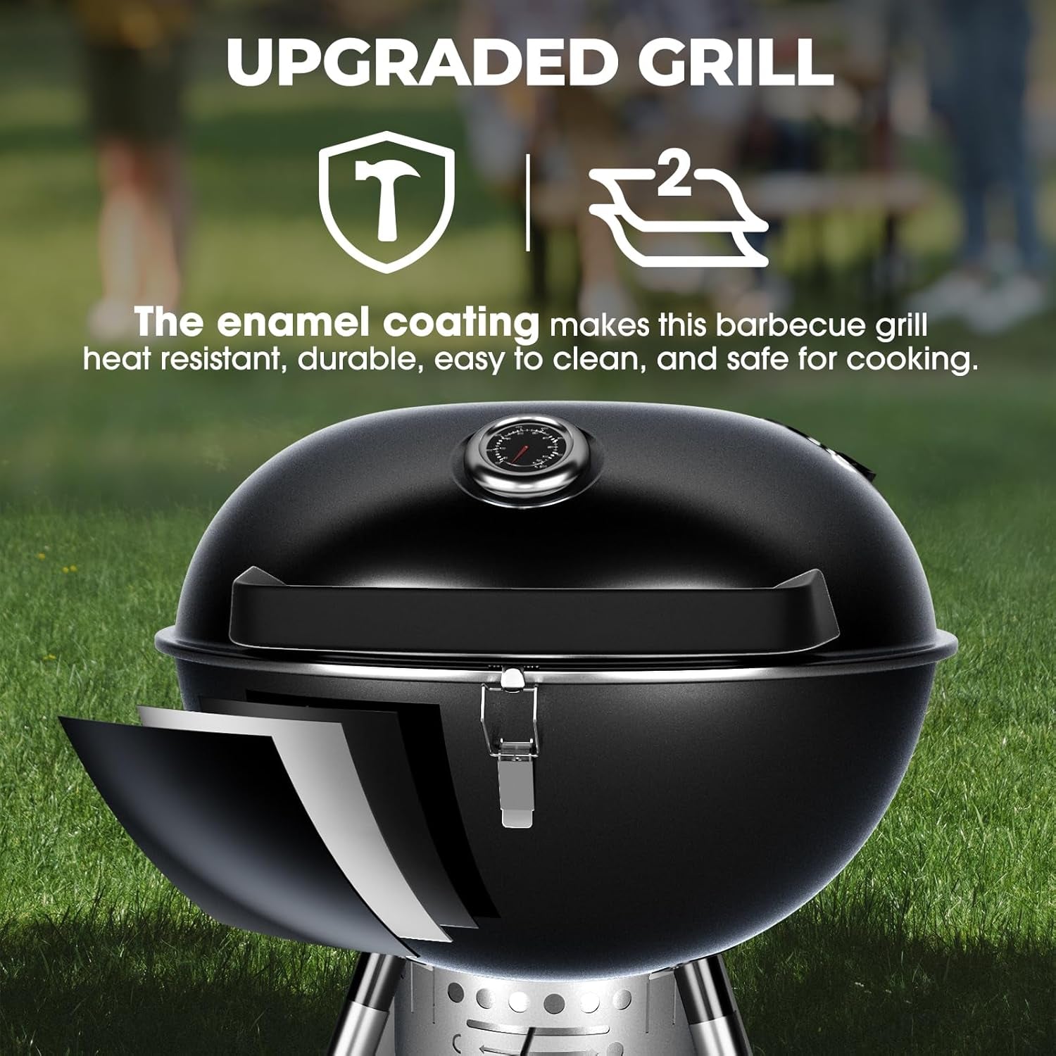 22 Inch Charcoal Grill with 2 Foldable Side Tables.Charcoal Kettle Grills with Wheels.Outdoor Bbq Grill.Portable Charcoal Grill for Camping.Party.Backyard (Black) - Image 3