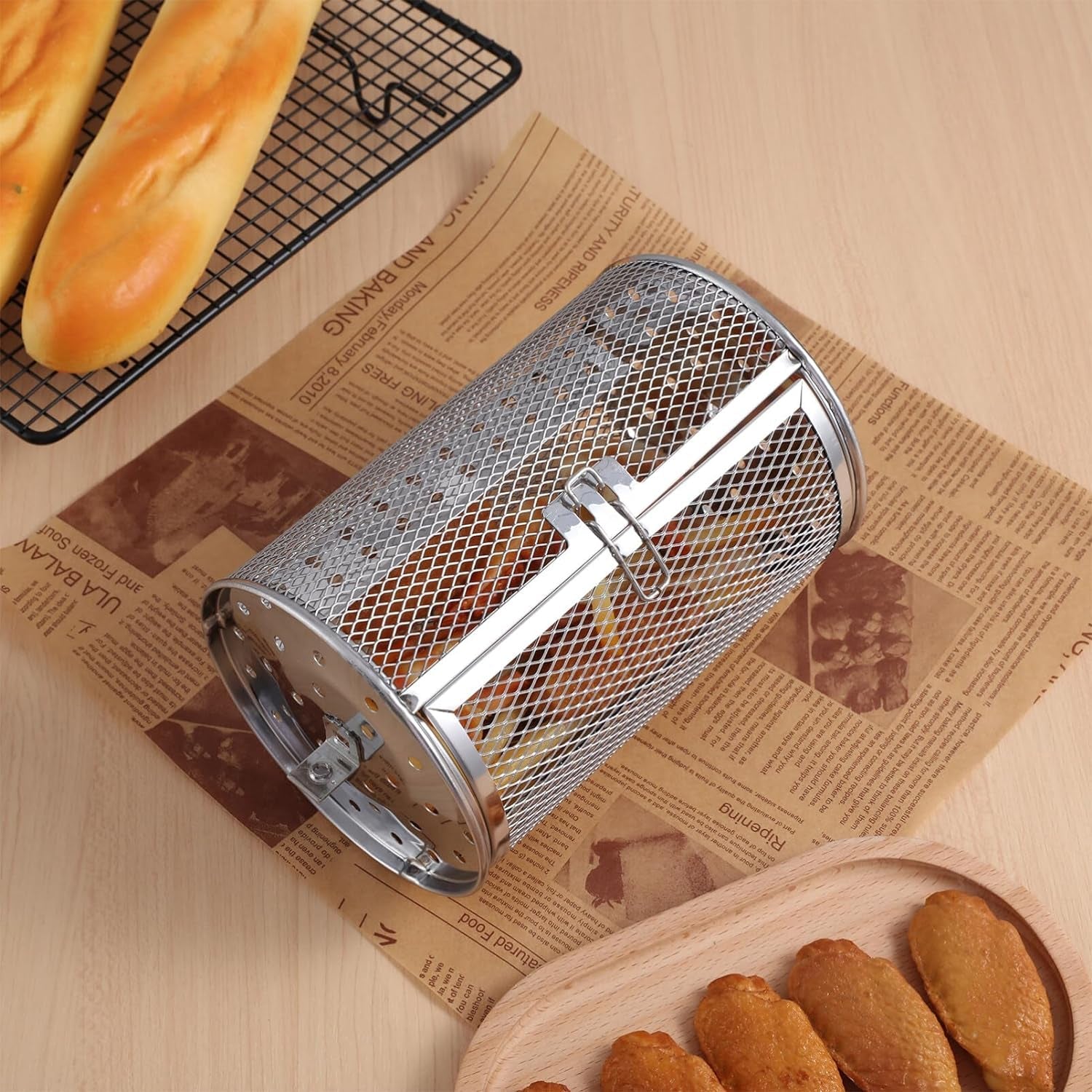 Angoily Oven Crisper Basket Rotating Grilled Cage Drum Oven Basket Kitchen Rolling Grill Basket Oven Roast Basket Roast Baking Cage for Barbecue Camping Outdoor Supplies Rotisserie Grill Basket - Image 3