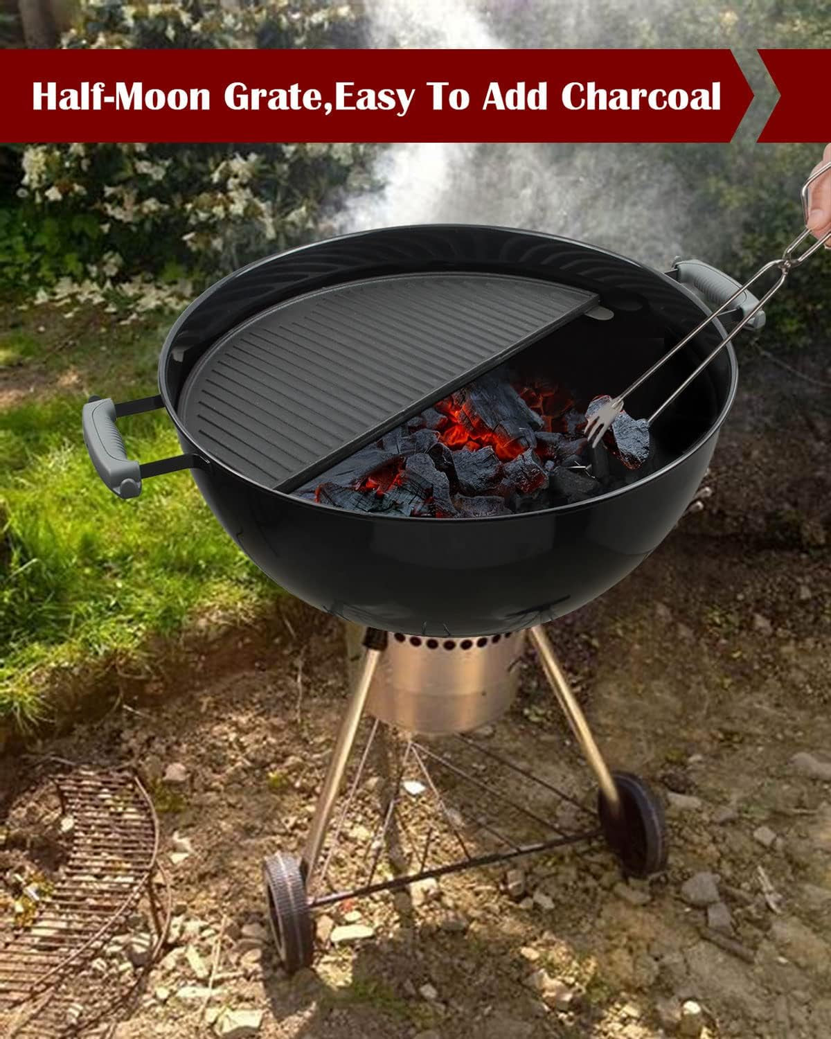 Kamaster 22 Half Moon Cast Iron Cooking Grate Grill Accessory Replaces for Weber Charcoal Grill Half Moon Grate+Griddle+4 Support Extension.Cooking Grate for Weber 22 - Image 9