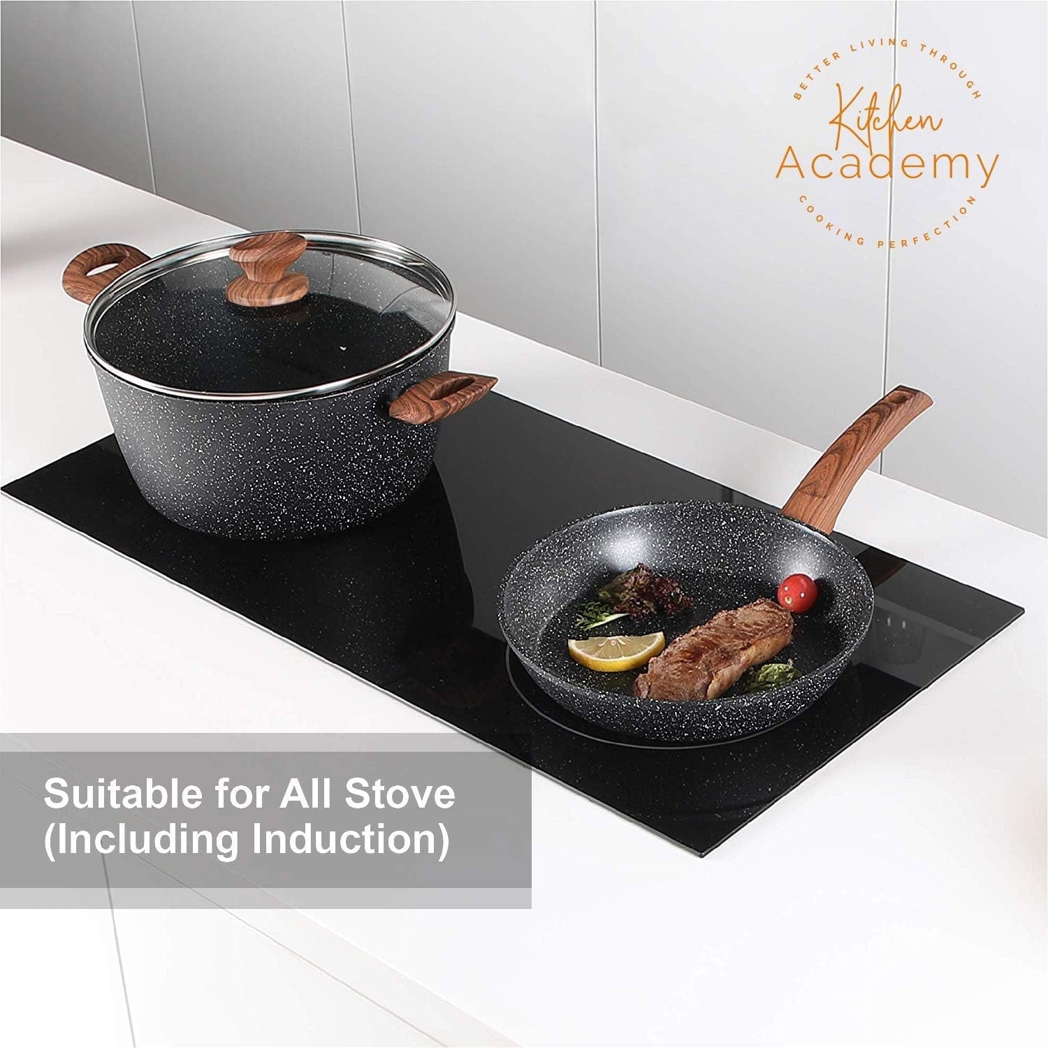 Kitchen Academy Induction Cookware Sets - 12 Piece Cooking Pan Set. Granite Black Nonstick Pots and Pans Set - Image 3