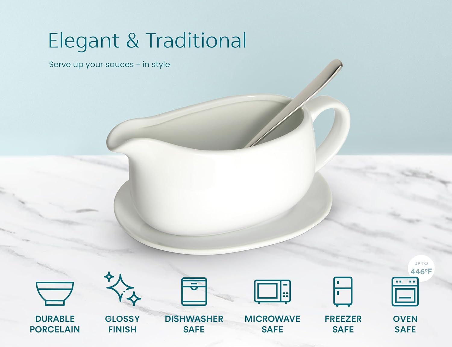 Kook Ceramic Gravy Boat & Saucer (23.8 oz) – Serving Dish with Tray & Spoon for Sauces. Dressings. Creamer. White - Image 6