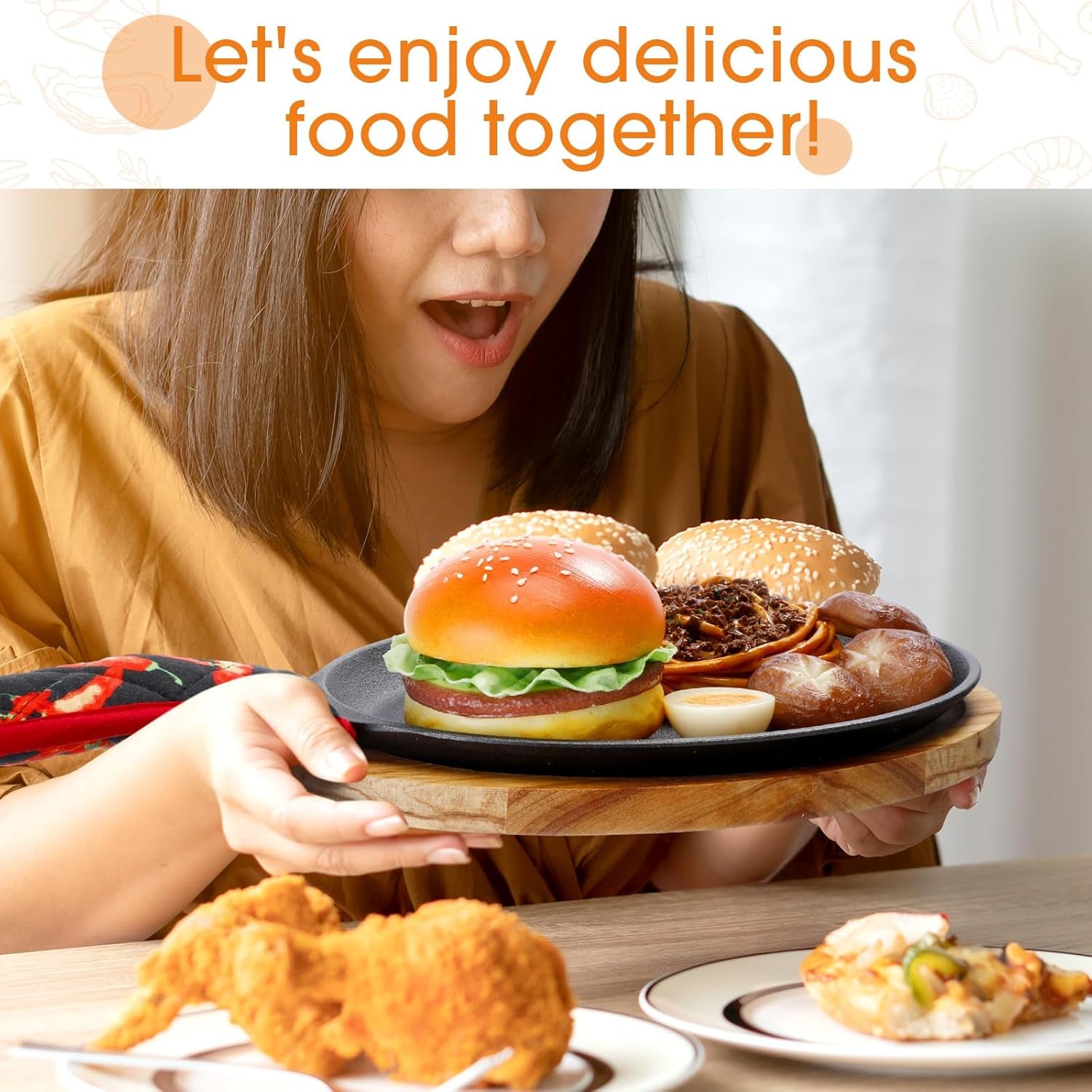 Lallisa 2 Sets Cast Iron Fajita Plate Set Fajita Plate Pan with Wooden Tray anti Scald Protection Hot Mitt Cast Iron Skillet Set for Home Barbecue Kitchen Party Restaurant Catering Service - Image 5