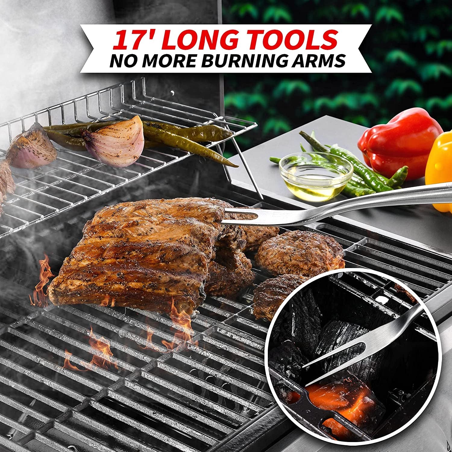 GRILAZ Heavy-Duty Rose Wooden BBQ Grilling Tools Set. Extra Thick Stainless Steel Multi-Function Spatula. Fork & Tongs | Essential Accessories for Barbecue & Grill. Ideal Gift for Father - Image 6