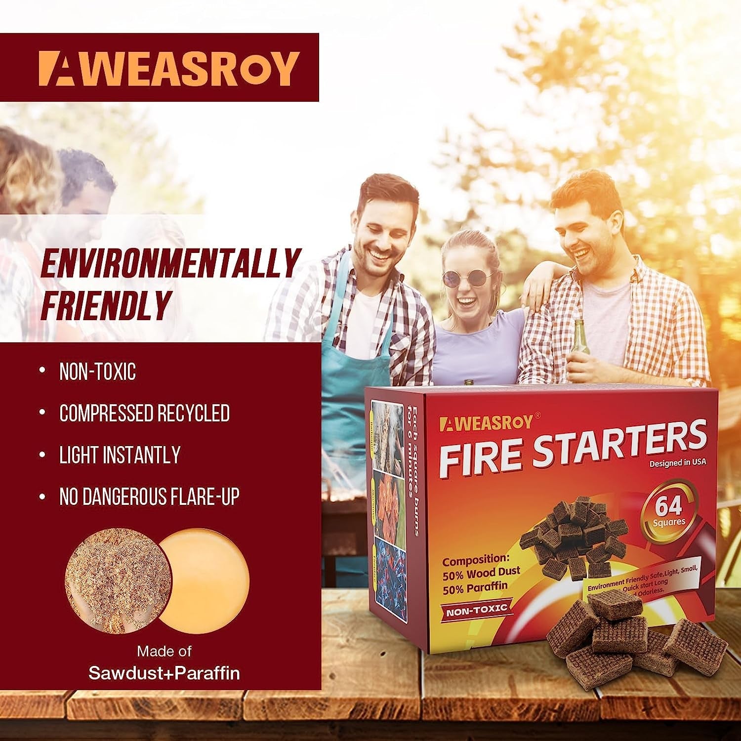 Fire Starter Squares 64 - Fire Starters for Fireplace.Chimney.Bbq Grill.Camping Fire.Wood Stove - Water Resistant and Safe Odourless - Camping Accessories - Image 3