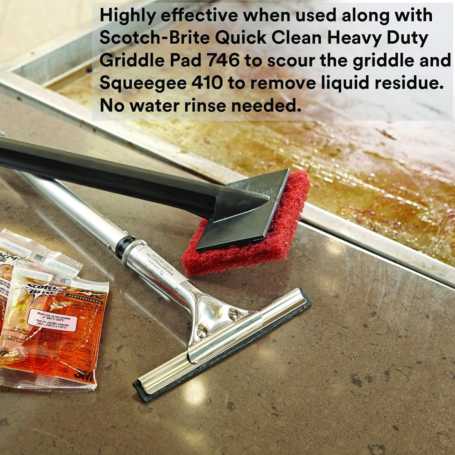 Scotch-Brite Griddle Cleaning. Quick Clean Liquid 700-40. 3.2 Oz Packet. 40/Pack. Heavy Duty. Cleans in 3-5 Minutes. for Baked on Food and Cooking Oils. Use on Hot or Cool Griddle - Image 6