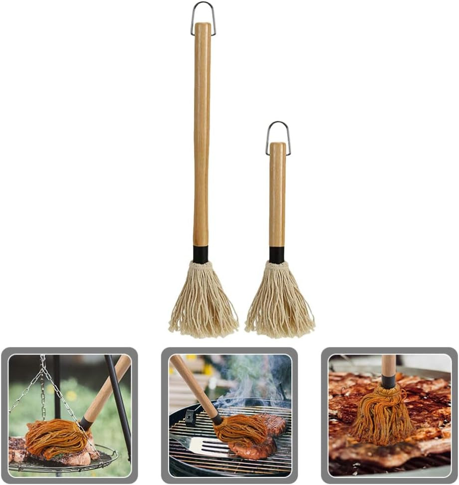 Amosfun Mop Grill Basting Mop 2Pcs Long Wood Handle BBQ Sauce Brushes Cotton Fiber Heads Barbecue Mop for Roasting Grilling Steak Brush - Image 8