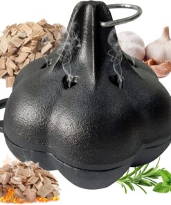Cast Iron Smoker Roaster & Garlic Roster Baker. Smoker Box. Pre-Seasoned Cast Iron Garlic Roaster for Grill. Perfect for BBQ and Oven. for Smoky. Flavorful Vegetables. Meats or Wood Chips