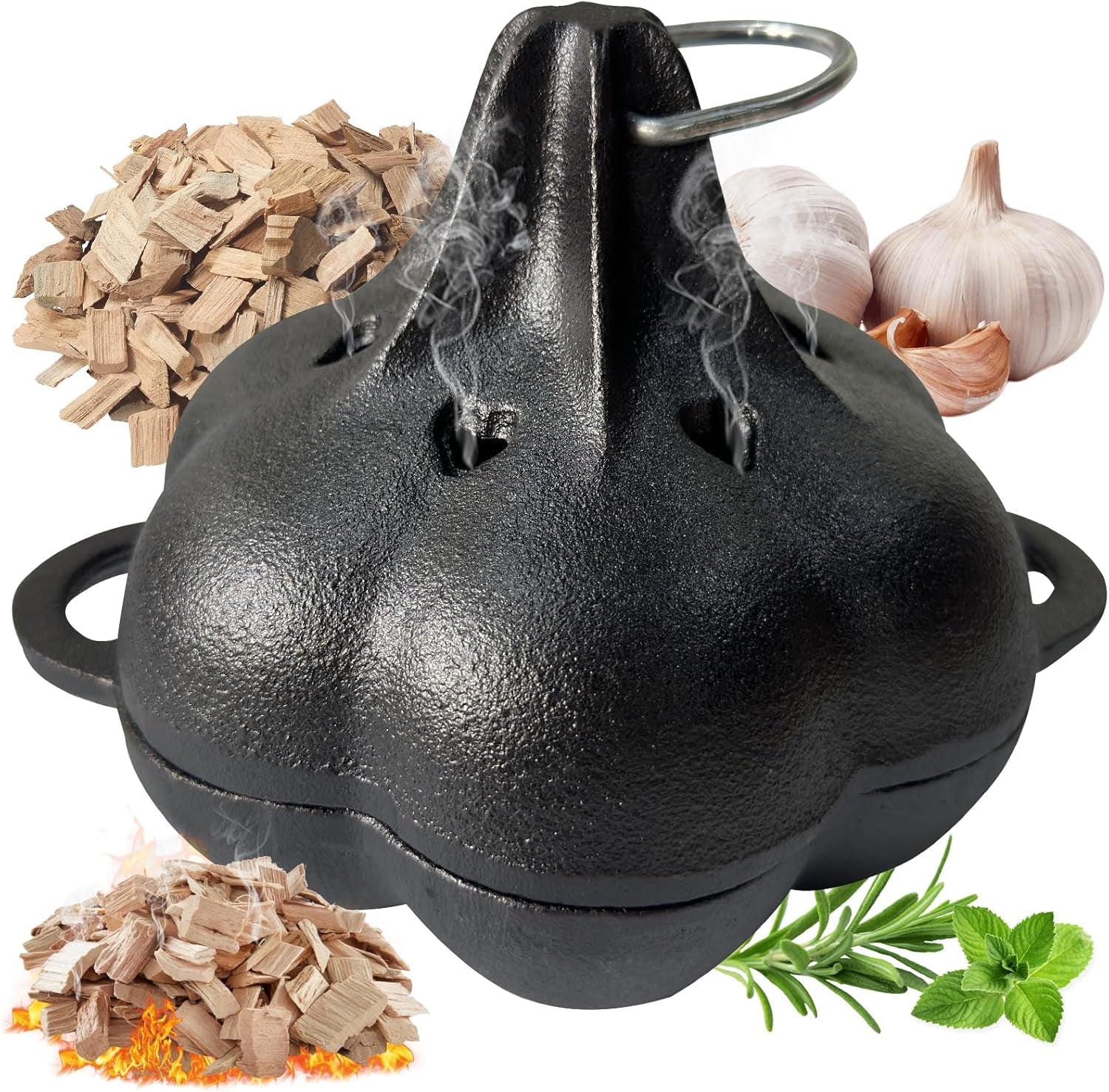 Cast Iron Smoker Roaster & Garlic Roster Baker. Smoker Box. Pre-Seasoned Cast Iron Garlic Roaster for Grill. Perfect for BBQ and Oven. for Smoky. Flavorful Vegetables. Meats or Wood Chips