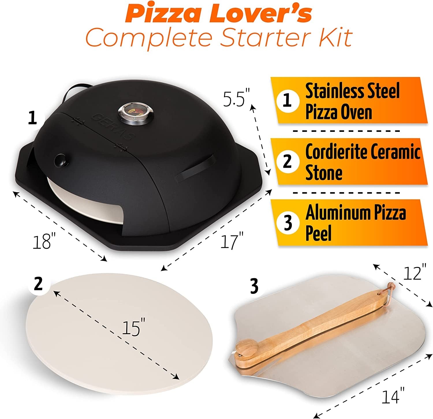 Geras Pizza Oven for Grill - Grill Top Pizza Maker for outside - Pizza Stone. Pizza Peel Kit - Outdoor Small Portable Backyard BBQ Pizzas Maker Charcoal Grill. Pellet. Propane Gas and Wood Fire - Image 2