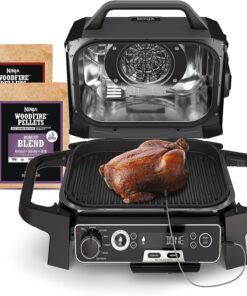 OG751BRN Woodfire Pro Outdoor Grill & Smoker with Built-In Thermometer. 7-In-1 Master Grill. BBQ Smoker. Air Fryer. Bake. Roast. Dehydrate. Broil. Pellets. Portable.Electric. Grey