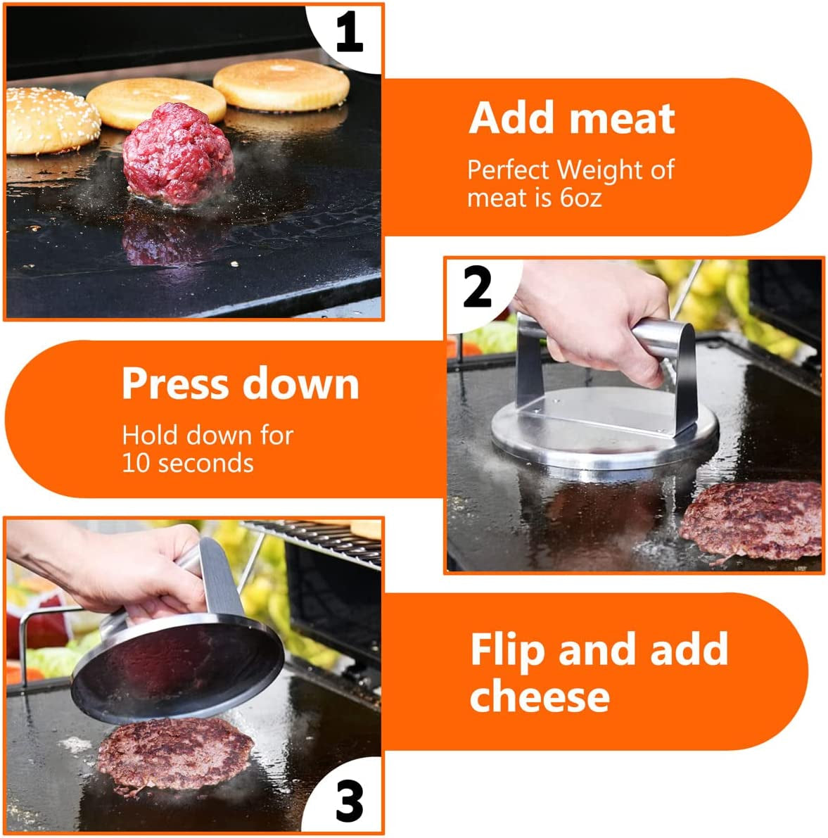 HULISEN Stainless Steel Smashed Burger Press. 6 Inch round Burger Smasher. Griddle Hamburger Press. Non Stick Grill Press for BBQ Griddle Cooking. Griddle Accessories Kit. Gift Package - Image 3