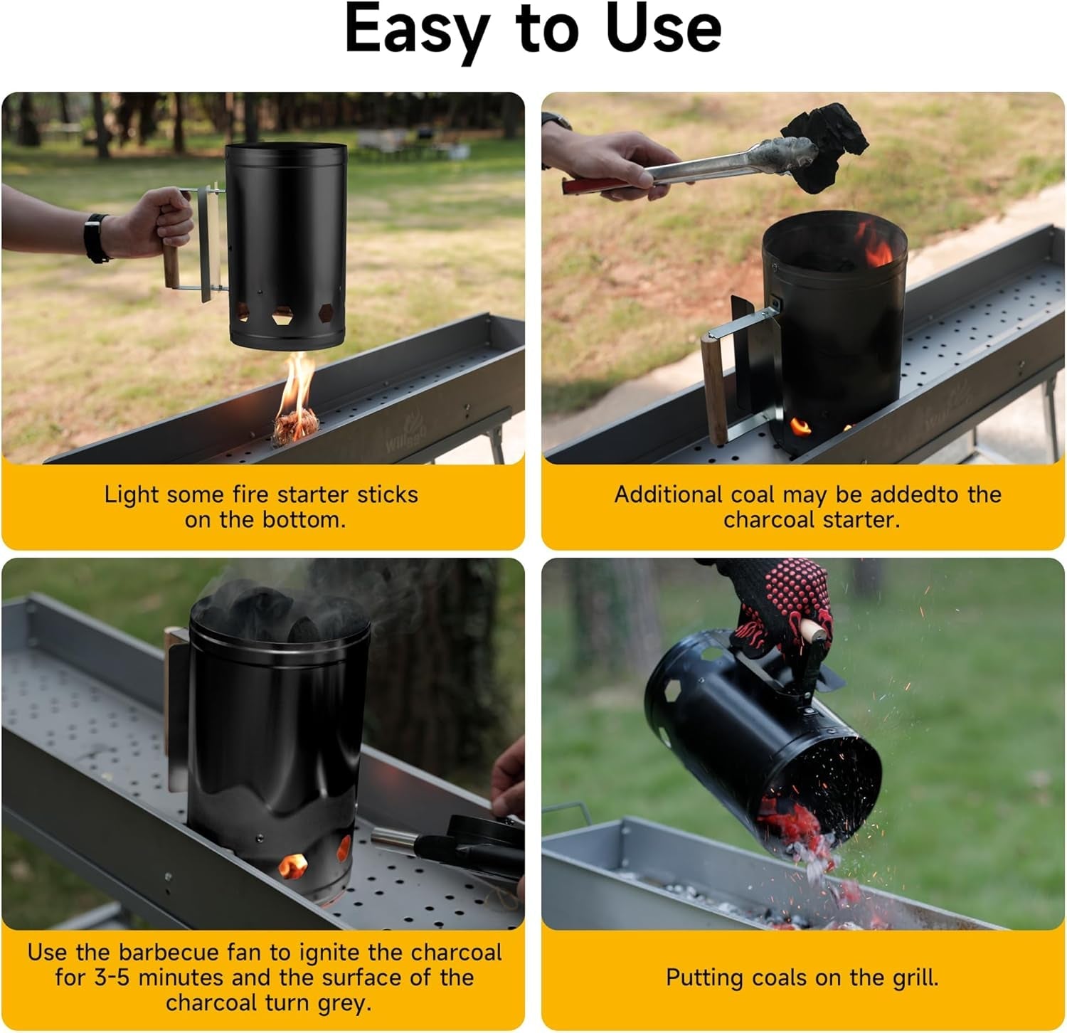 Charcoal Chimney Starter. Heavy Duty Premium Chimney Starter for Charcoal Grills BBQ Accessory with Heat Resistant Wooden Handle for Outdoor Grill Camping (Black) - Image 4