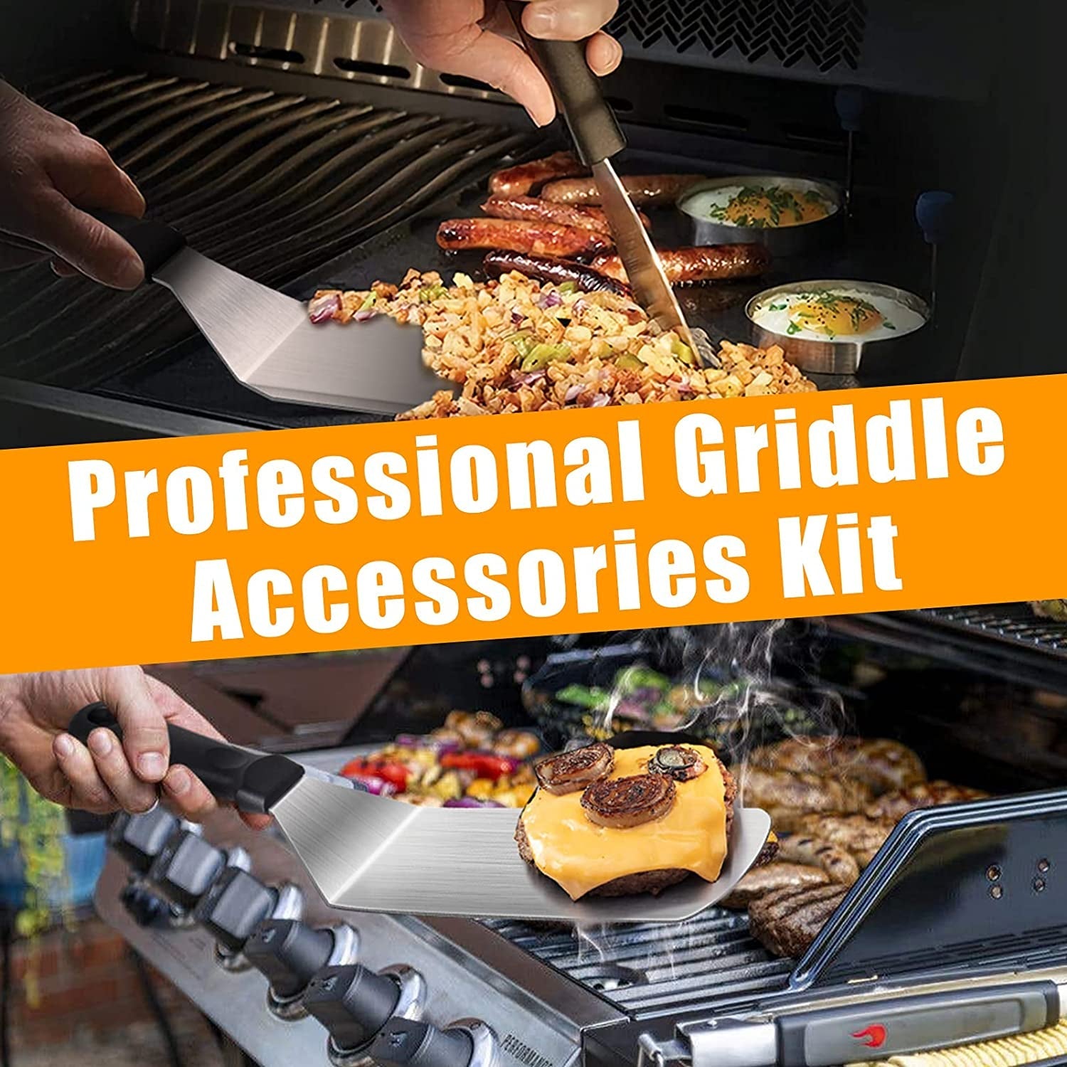 Griddle Accessories.15 Pcs Flat Top Grill Accessories Kit for Blackstone and Camp.Stainless Steel BBQ Accessories with Spatula. Basting Cover.Tongs.Egg Mold & Carry Bag for Outdoor BBQ Teppanyaki - Image 2