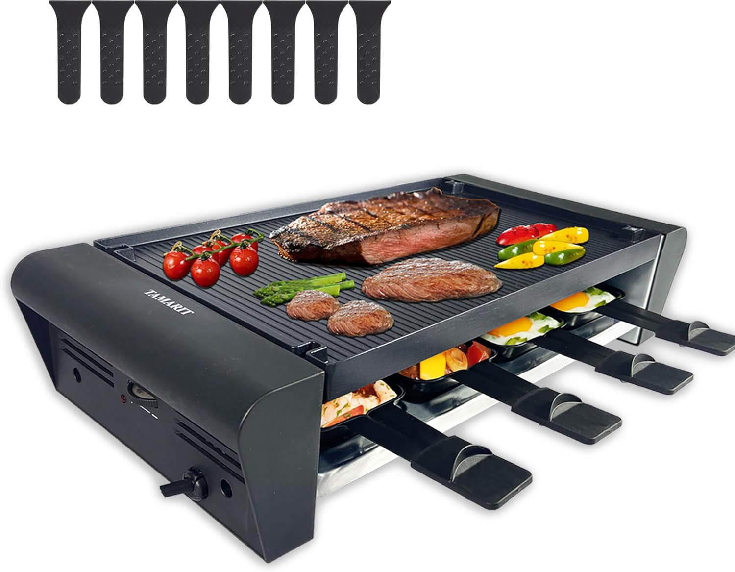 TAMARIT Raclette Table Grill for 8. 2 in 1 Raclette Grill Small Swiss Style Raclette Pfas-No Nonstick Reversible Grill/Griddle Plate Adjustable Temperature Control 1300 W. 8 Raclette Cheese Pans Black - Image 7