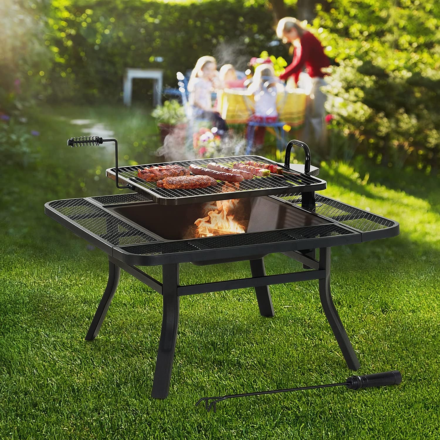 Sunjoy 38 In. Fire Pit for Outside. Square Wood Burning Firepit Large Steel Fire Pits with Adjustable Cooking Swivel BBQ Grill and Fire Poker Black - Image 2