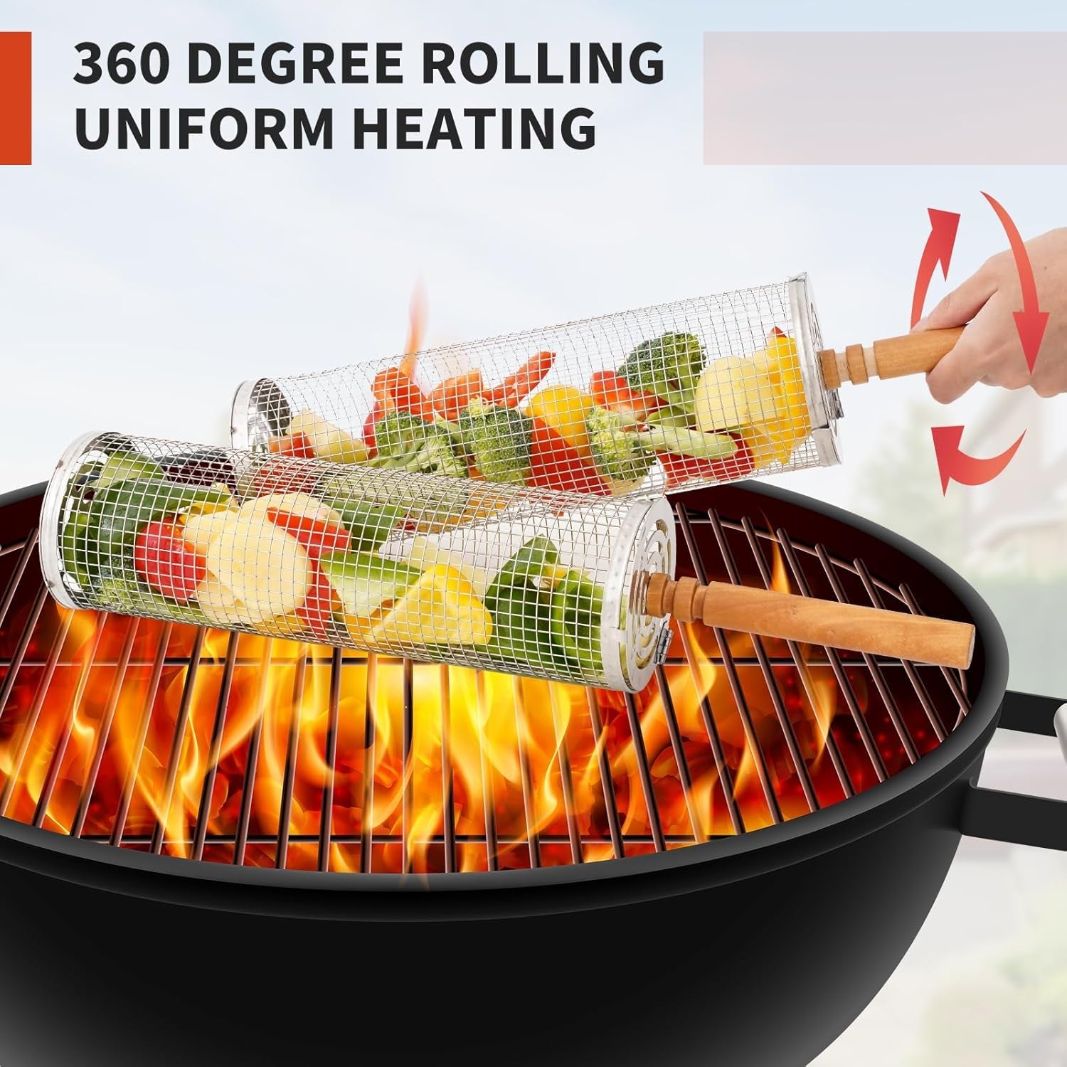 Nesting Rolling Grill Baskets 2PCS.304 Stainless Steel BBQ Tools with Removable Wooden Handle for Vegetables.Shrimp.Camping.Backyard.Outdoor Grilling Accessories.Grilling Gifts for Men - Image 9