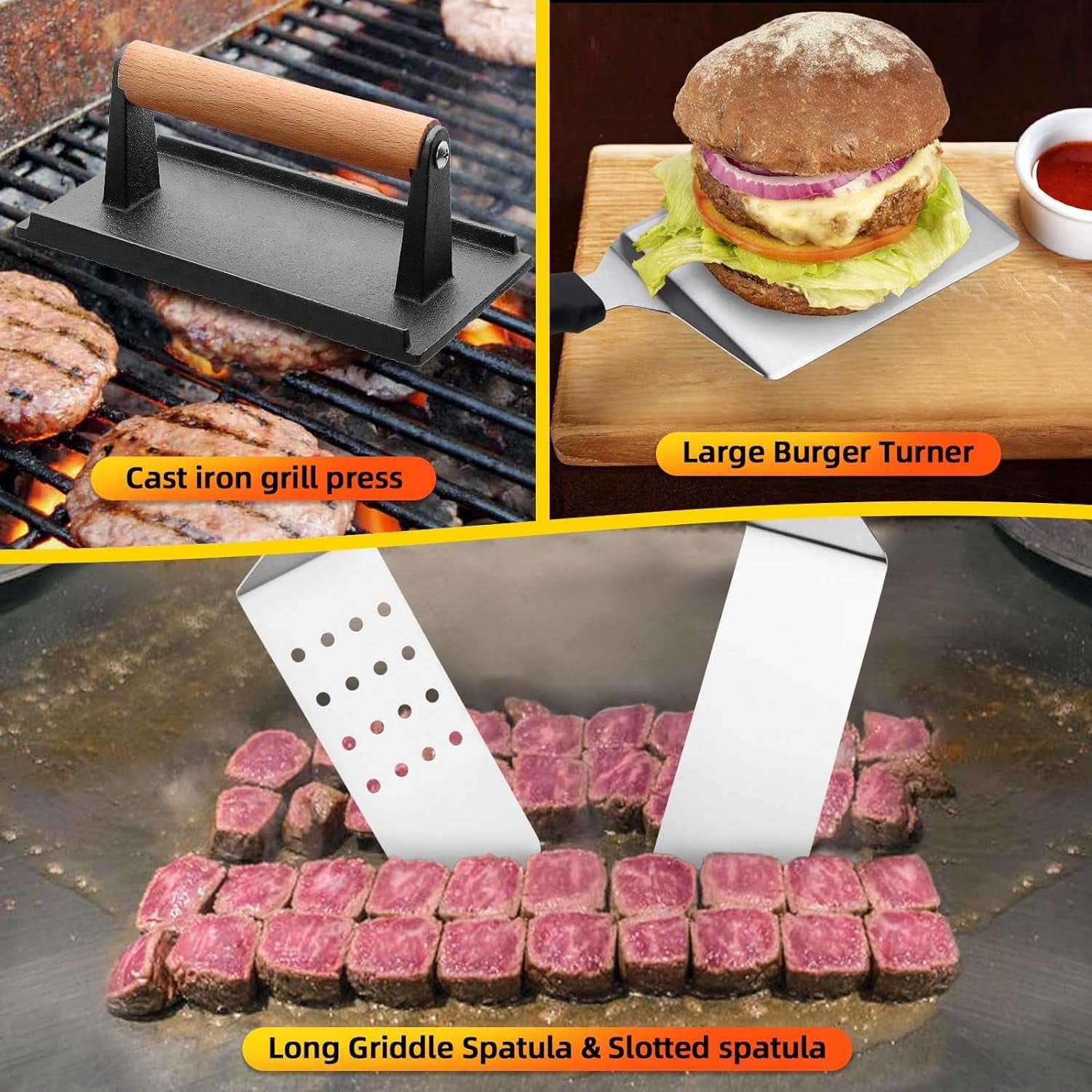 CEKEE 10PCS Blackstone Griddle Accessories Kit. Flat Top Grill Accessories Kit for BBQ and Camp Chef. Grill Spatula Set with Enlarged Griddle Spatula. Burger Press. Scraper for Outdoor BBQ Cooking - Image 6
