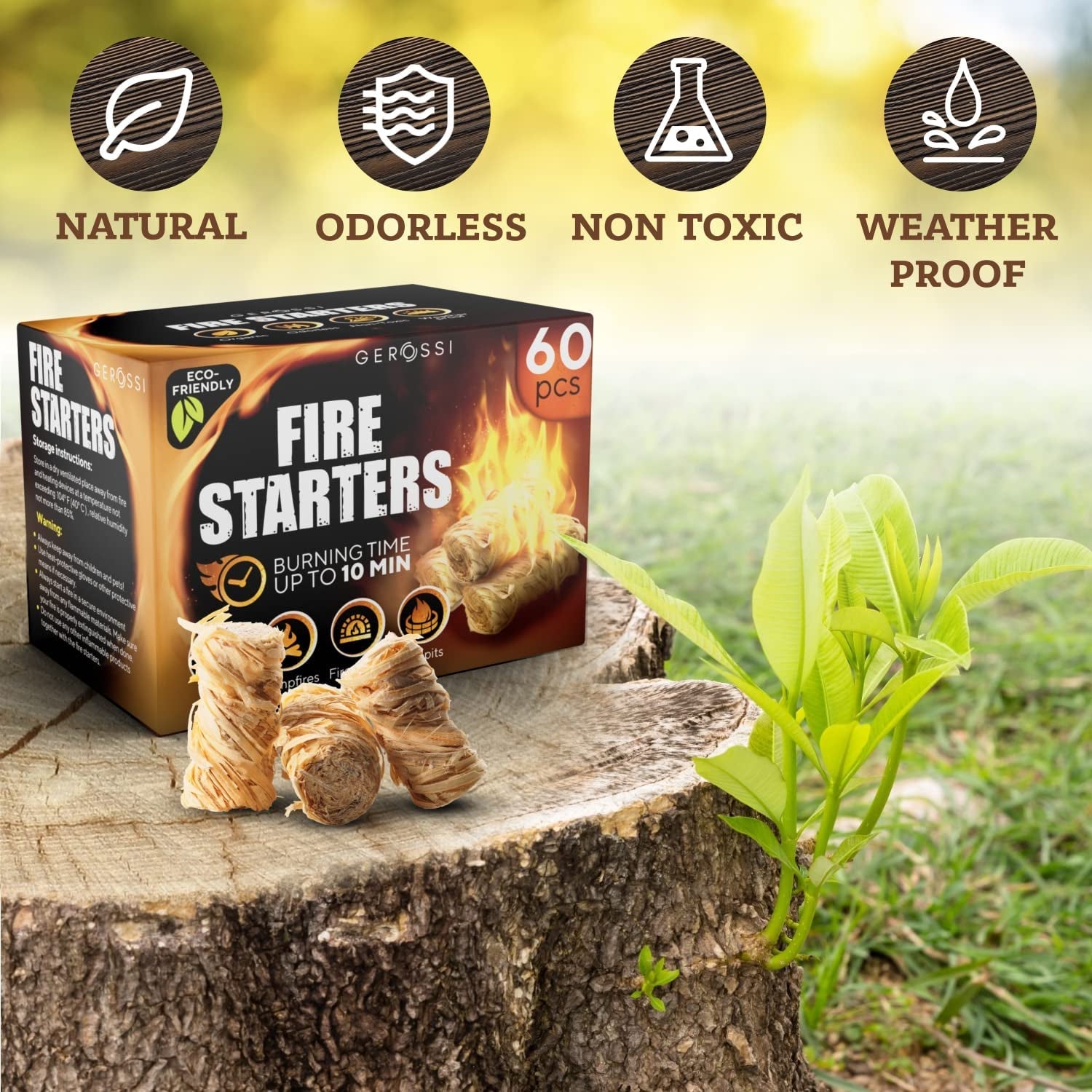 Fire Starter - Natural Pine Fire Starters for Fireplace. Campfires. Grill. Wood & Pellet Stove. Chimney. Fire Pit. BBQ. Smoker - 60 Pack W/10 Min Burning Time - All Weather & Odorless Firestarter - Image 5