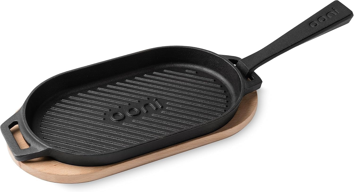Ooni Cast Iron Grizzler Pan - Grill Frying Pan. 12 X 6 Griddle Plate with Removable Handle and Bamboo Trivet. Pre-Seasoned Non-Stick Oven Safe Cookware. Pizza Oven and BBQ Accessories