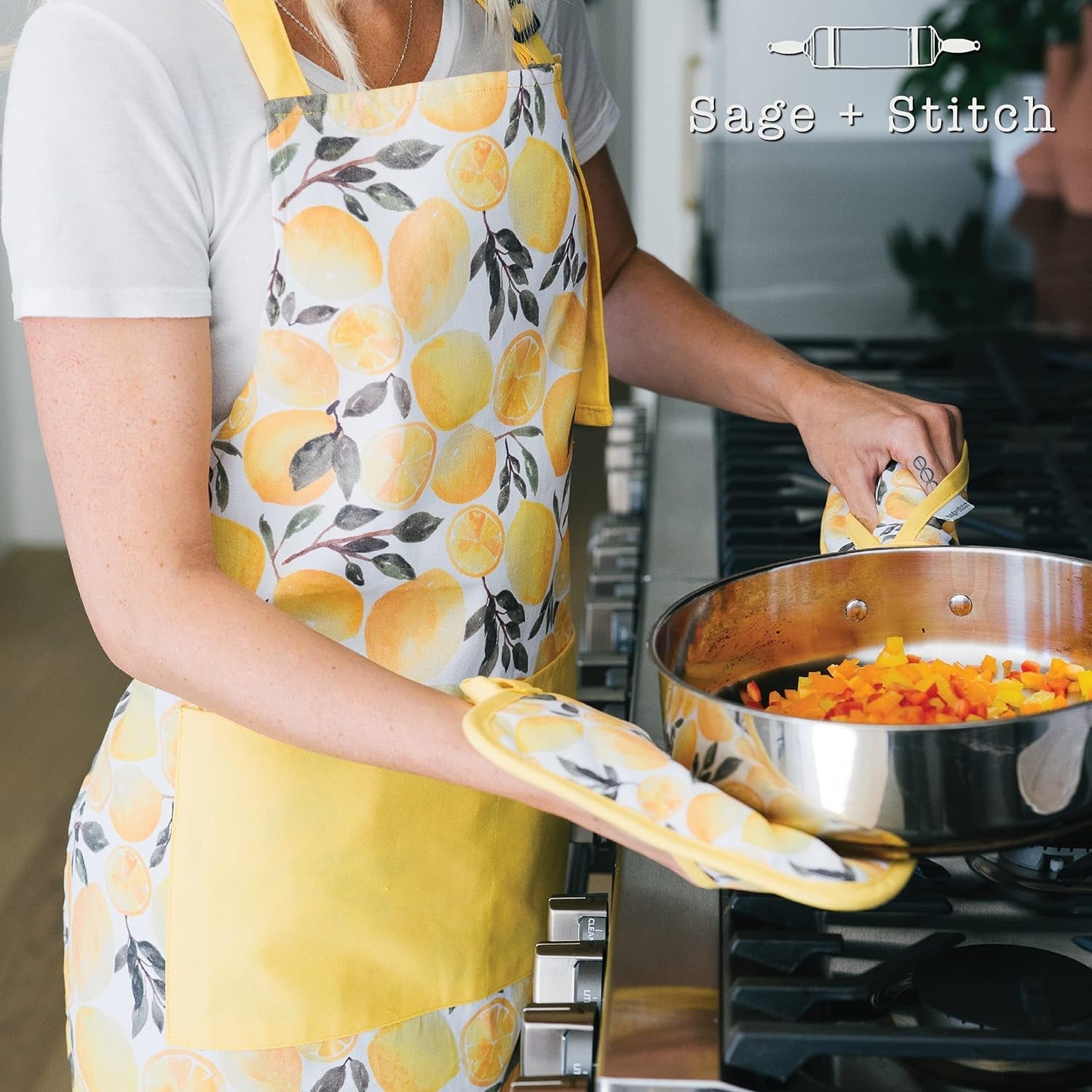 Adjustable Designer Kitchen Apron for Adults | 100% Machine Washable Cotton Cooking Apron with Pockets and Adjustable Neck Buckle | 27 Wide X 33 Long | Yellow Lemons - Image 6