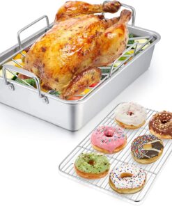 Roasting Pan with Rack. P&P CHEF 14 Inch Stainless Steel Roaster Lasagna Pan & V-Shaped Rack & Roasting Rack. Non Toxic & Heavy Duty. Brushed Surface & Dishwasher Safe. Rectangular