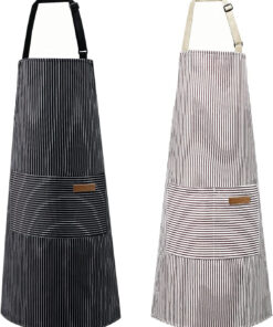 2 Pack Apron. Cotton Cooking Kitchen Aprons. Adjustable Bib Apron with 2 Pockets for Men Women Chef Aprons.(Black/Brown Stripes)