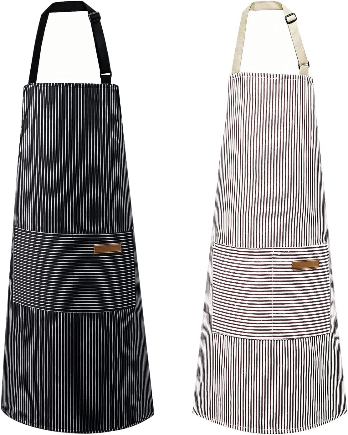 2 Pack Apron. Cotton Cooking Kitchen Aprons. Adjustable Bib Apron with 2 Pockets for Men Women Chef Aprons.(Black/Brown Stripes)
