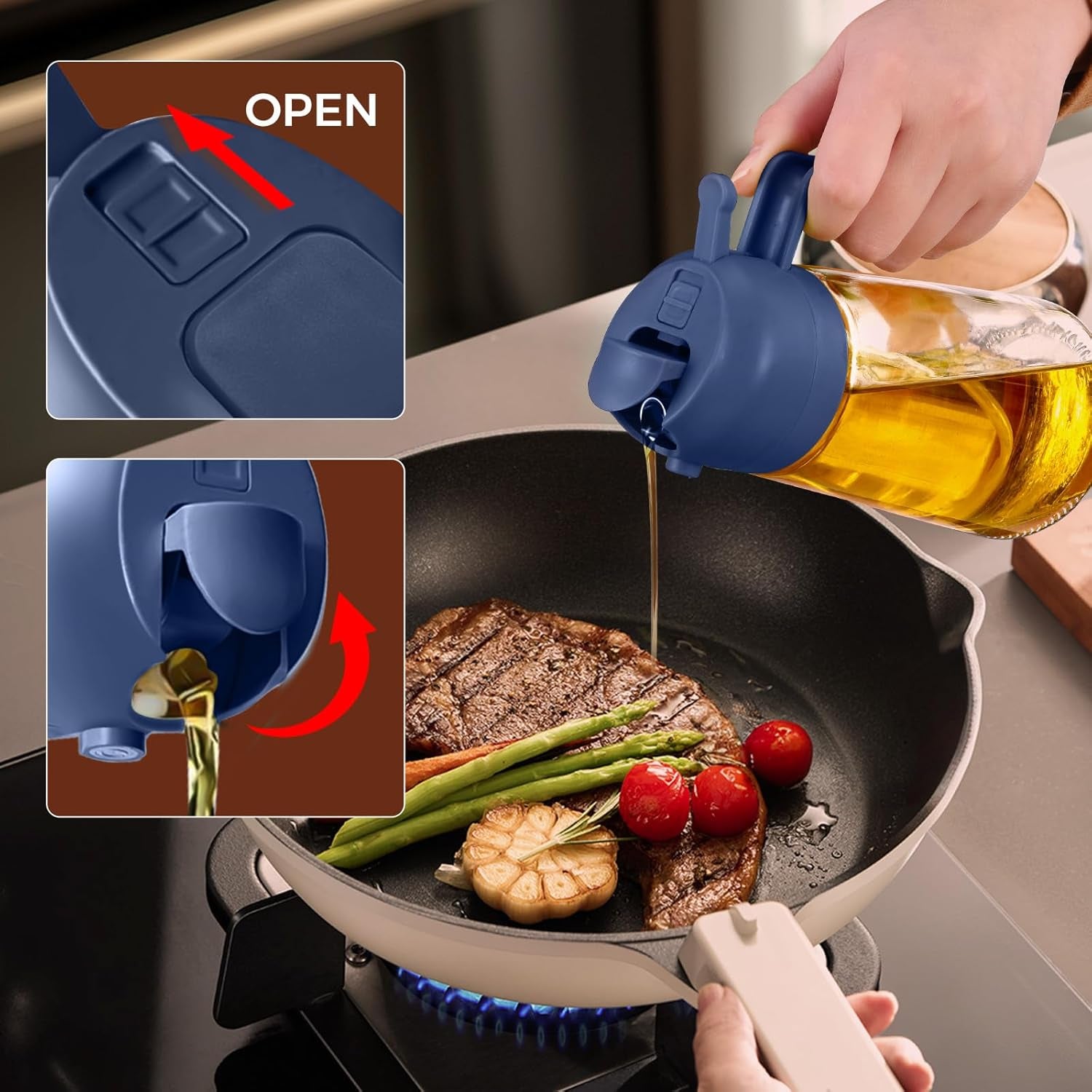 YRRAMATE 16oz Glass Olive Oil Sprayer – 2‑in‑1 Dispenser with Stickers & Portion Control (Navy) - Image 7