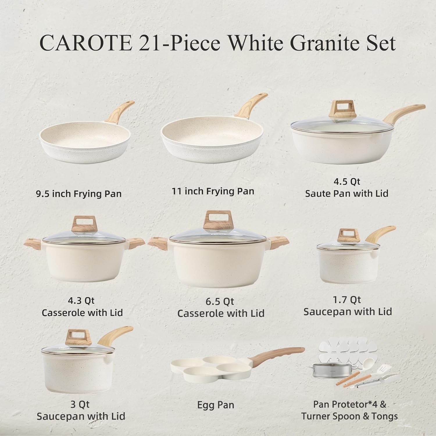 CAROTE 21Pcs Pots and Pans Set. Nonstick Cookware Sets. White Granite Induction Cookware Non Stick Cooking Set W/Frying Pans & Saucepans(Pfos. PFOA Free) - Image 2