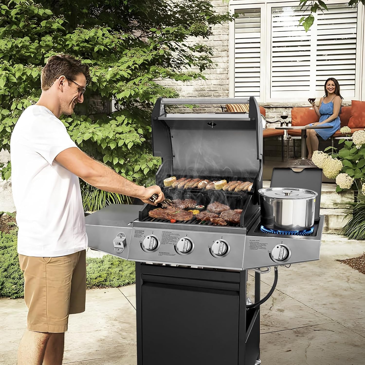 3 Burners Gas Grill with Side Burner. Propane Grill with Wheels and Storage. Outdoor Gas BBQ with Oil Tray and Thermometer for Patio and Party. 37000 BTU - Image 4