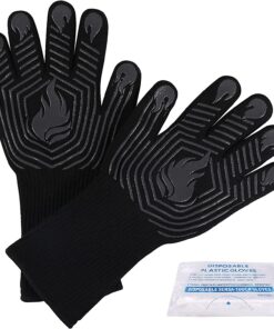BBQ Gloves. 1472°F Heat Resistant Fireproof Mitts. Silicone Non-Slip Washable Oven Kitchen Gloves for Barbecue. Grilling. Cooking. Baking. Camping. Smoker (Black)