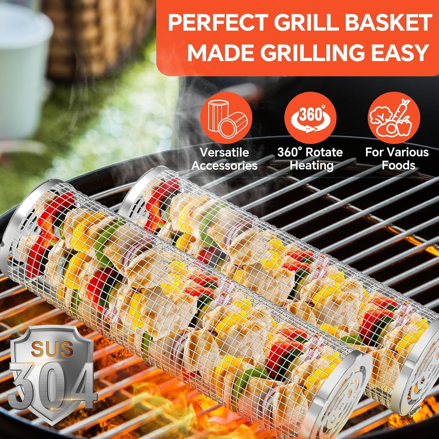 BBQ Basket 2 PCS. Stainless Steel Rolling Grill Mesh for Fish. Shrimp. Meat. Vegetables. Fries - Portable Barbeque Accessories for Outdoor Grilling - Image 2