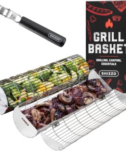 Rolling Grill Basket. New Opening Design. Extra Sturdy Cylinder Grilling Basket. Food Grade Stainless Steel. Large Portable Outdoor Camping Accessories BBQ Net Rack. Cooking Griller for Fish. Vegetables. and More - Gifts for Men Dad Husband - Set of 2