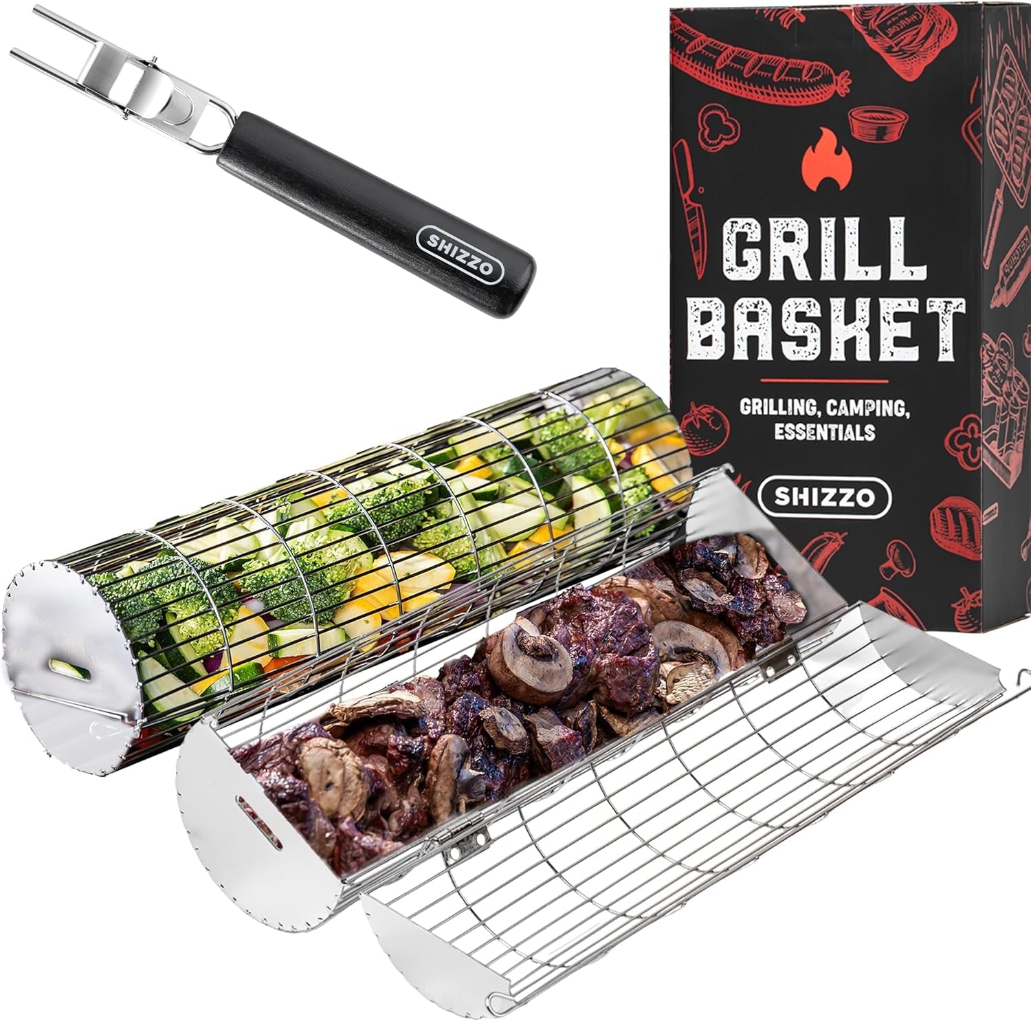 Rolling Grill Basket. New Opening Design. Extra Sturdy Cylinder Grilling Basket. Food Grade Stainless Steel. Large Portable Outdoor Camping Accessories BBQ Net Rack. Cooking Griller for Fish. Vegetables. and More - Gifts for Men Dad Husband - Set of 2