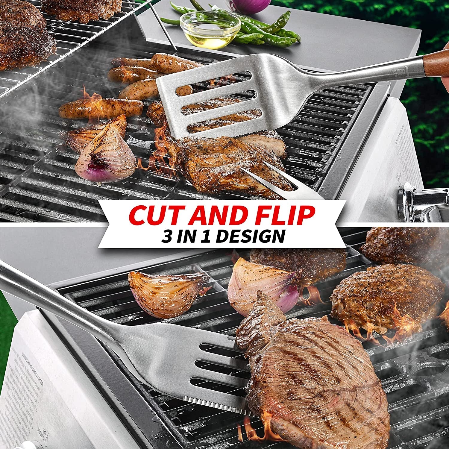 GRILAZ Heavy-Duty Rose Wooden BBQ Grilling Tools Set. Extra Thick Stainless Steel Multi-Function Spatula. Fork & Tongs | Essential Accessories for Barbecue & Grill. Ideal Gift for Father - Image 4