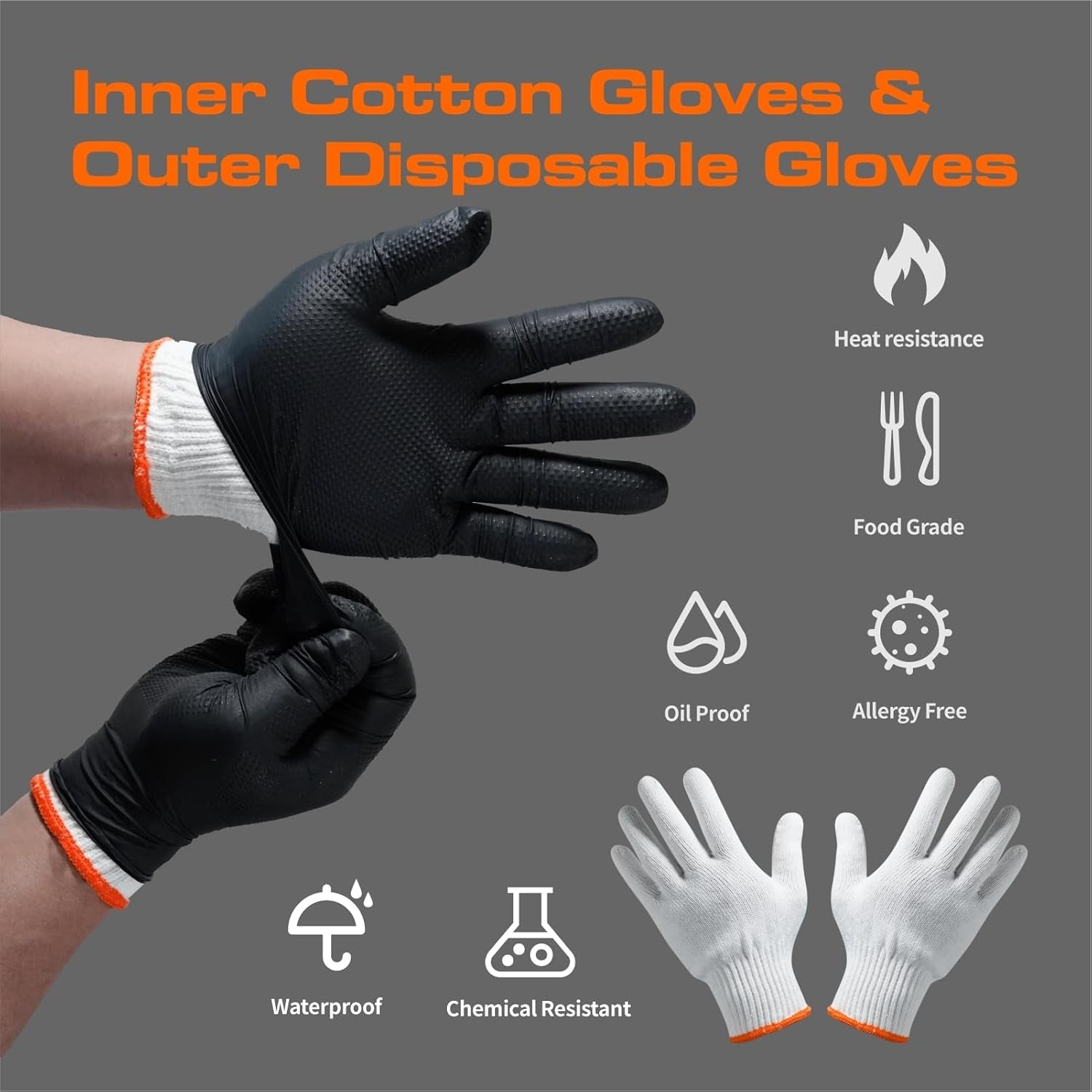 BBQ Gloves for Grilling Disposable Heat Resistant - 100 Nitrile Gloves + 4 Reusable Cotton Liners for Barbecue Smoker. Cooking Hot Meat - 10Mil Thick. Non-Slip Grip - Black Large - Image 5