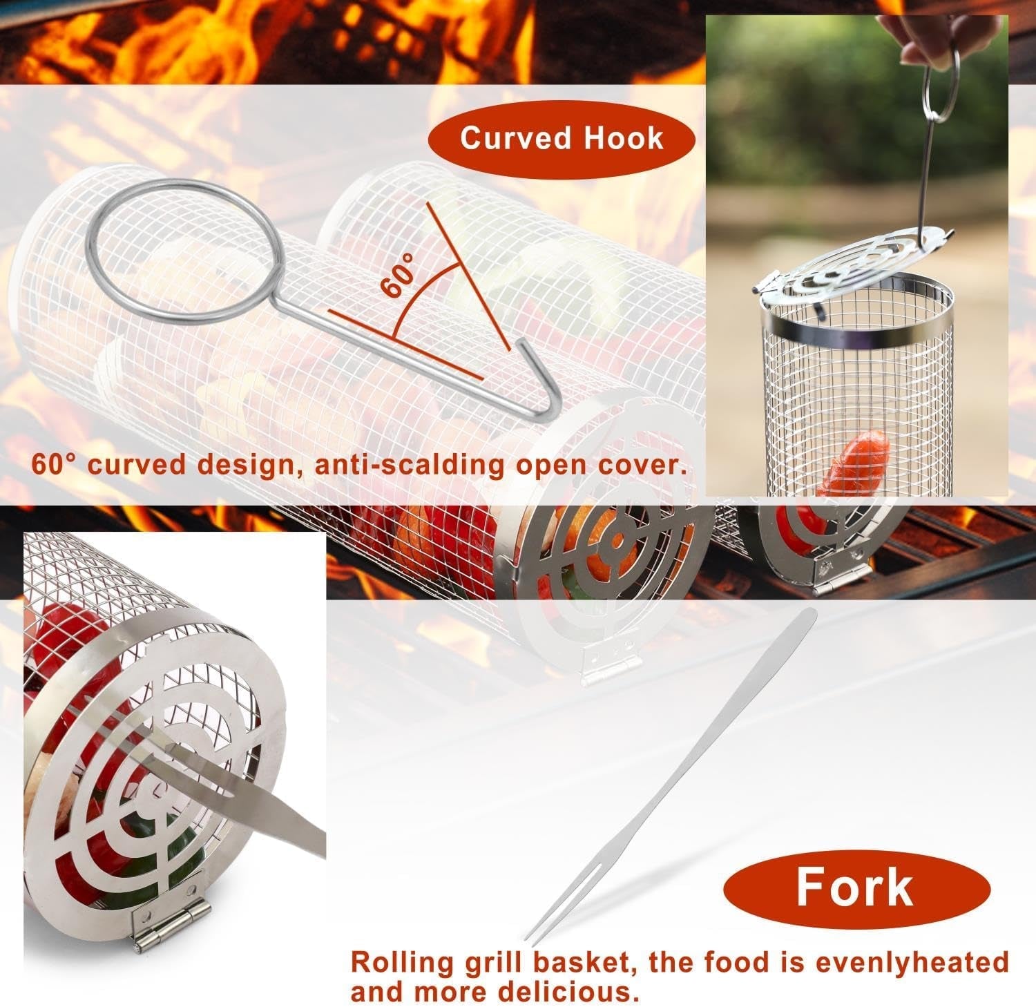 Feniola Rolling Grilling Basket - 2 PCS round Stainless Steel Grill Net for Outdoor Grill for Vegetables. Meat - BBQ Accessories Included - Image 5