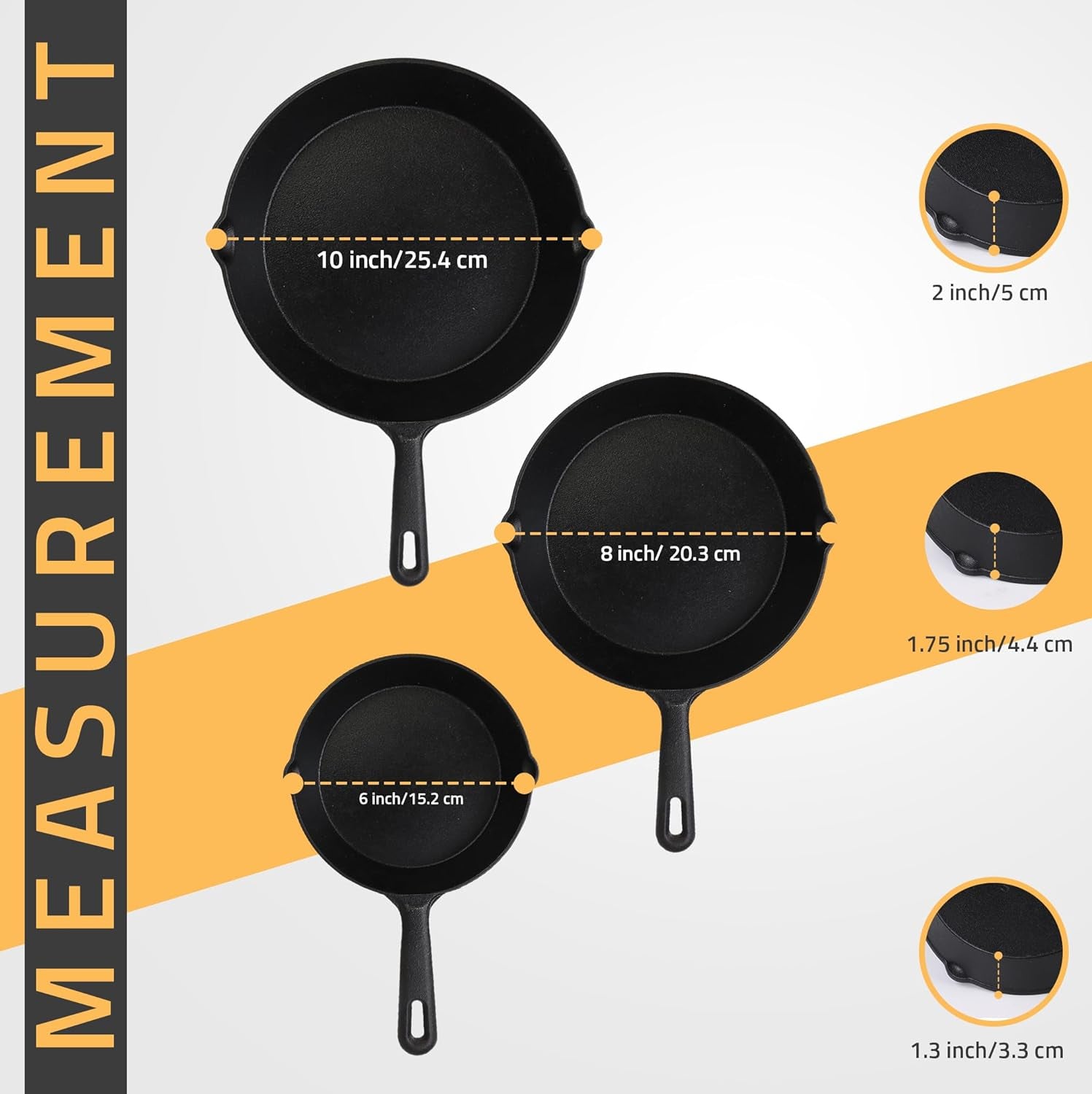 Utopia Kitchen Cast Iron Skillets 3 Piece Set. Chefs Pan. Pre Seasoned Cast Iron Skillets. 6. 8 & 10 Inches. Easy Use in the Oven. Stove. Grill. or Campfire. Black - Image 3
