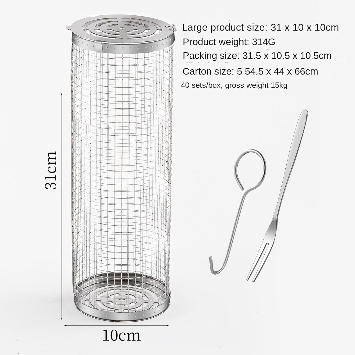 Rolling Barbecue Cage Large Stainless Steel Grilling Basket for Outdoor BBQ Mesh Net Tube Cooking Accessories for Vegetable Fish Camping Gift for Men Dad Husband Housewarming Perfect BBQ Tool - Image 2