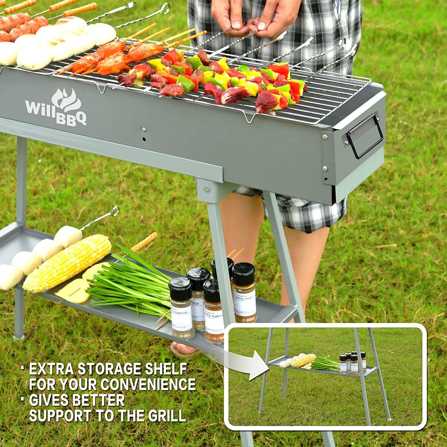 Commercial Quality Portable Charcoal Grills Multiple Size Hibachi BBQ Lamb Skewer Folded Camping Barbecue Grill for Garden Backyard Party Picnic Travel Outdoor Cooking Use(31.6X10.3X5.1 Inch) - Image 6